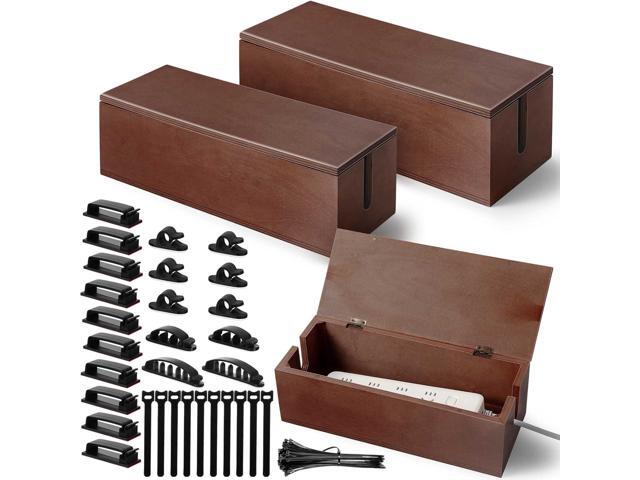 3 Pcs 3 Size Wooden Cable Box Organizer Set with 130 Pcs Cable Management Kit, Desk Cord Hider Cord Holder to Hide Wires Power Strips(Walnut Color)