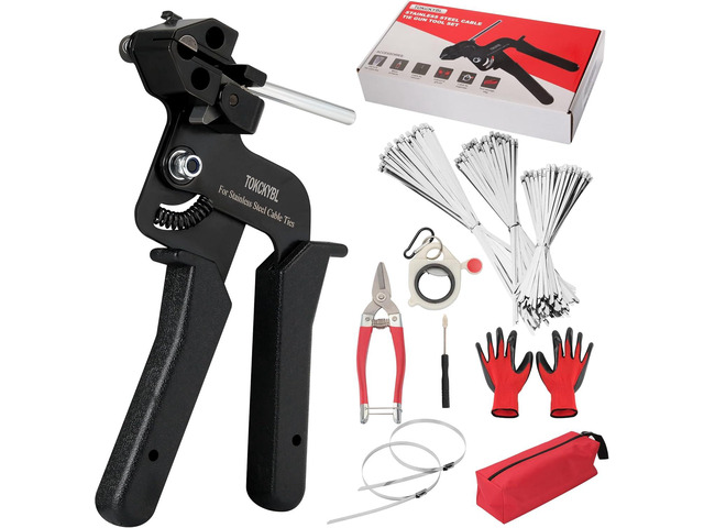 Stainless Steel Cable Tie Gun Set Heavy Duty Metal Zip Tie Tool Kit with 150PCS Self-Locking Ties, Adjustable Fastening & Cutting Tool for Outdoor...