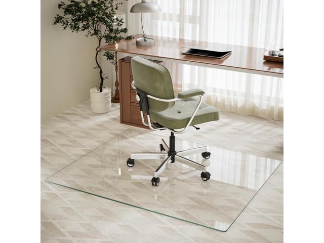 Tempered Glass Desk Mat 46'x 55' Heavy Duty Hard Floor Mat with Round Corner and Polished Edge 1/5' Thick Clear Floor Mat with 4 Anti-Slip Pads for...