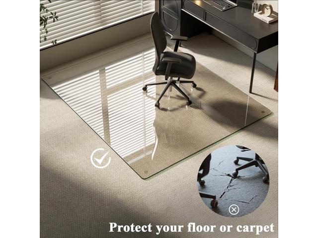 Tempered Glass Desk Mat 46'x 55' Heavy Duty Hard Floor Mat with Round Corner and Polished Edge 1/5' Thick Clear Floor Mat with 4 Anti-Slip Pads for...