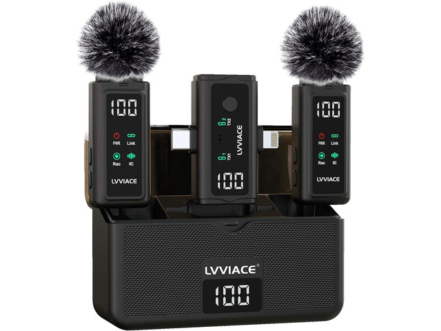 3 in 1 Wireless Microphone for iPhone, Android, Camera,Wireless Lavalier Microphone, Noise Cancellation with 45 Hours Transmitter Digital Display...