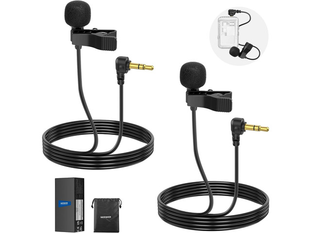 NEEWER Mini Lavalier Microphone (2 Pack), 6.6ft/2m Clip On Wired Condenser Lapel Mic with 3.5mm TRS Plug, Compatible with DJI Mic 2, Rode Wireless...