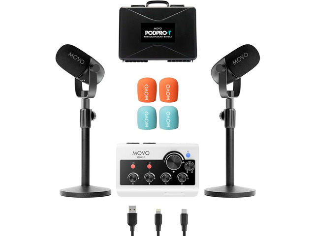 Movo Portable Podcast Equipment Bundle for iPhone/Android Phones- Podcast Kit with Audio Interface, 2 CastMic Dynamic Mics, 2 Table Stands - For...