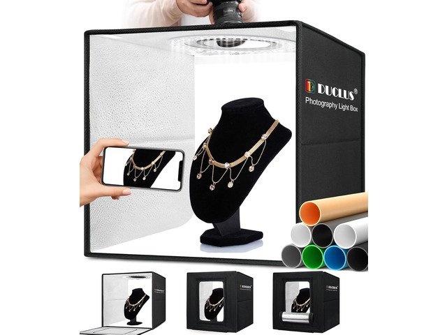 DUCLUS Light Box Photography, 16x16 Inch Photo Light Box with 160 Dimmable LED Lights (CRI 97+), 6 PVC & 2 Paper Backdrops, Portable Studio Box for...