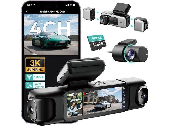 BOTSLAB 3K 4 Channel Dash Cam, 560° All-Sides View, Front and Rear Inside Car Camera with 3.18Touch Screen, Dash Camera 24/7 Parking Mode, Built-in...