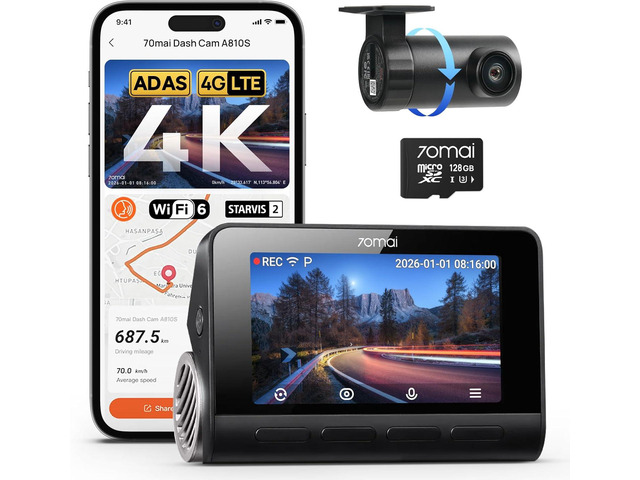 70mai A810S 4K Dual Dash Cam Front & Rear, STARVIS 2 HDR Super Night Vision, AI Motion Detection & 24/7 Parking, Built-in GPS, Wi-Fi & Optional 4G...