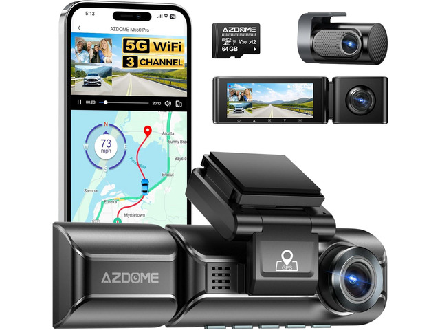 AZDOME M550 Pro 3CH Dash Cam 4K - 5G WiFi, 3.19' Screen IR Night Vision - 24H Parking Mode - 3-Channel Dash Cam - Wide-Angle Coverage - Collision...