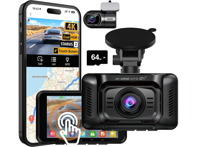 4K Dual Dash Cam Front and Rear, Camera for Cars with STARVIS 2 Sensor, 4 Touch Screen Dashboard Camera Built-in 5G WiFi GPS, Free 64GB Card, Voice...