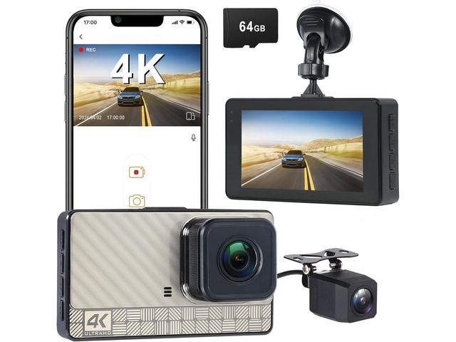 4K Front Dash Cam & 2K Rear Full HD Dash Camera for Cars, Included 64GB Card, 170° Wide Angle, Built-in Wi-Fi, 3' IPS Screen, Night Vision,...