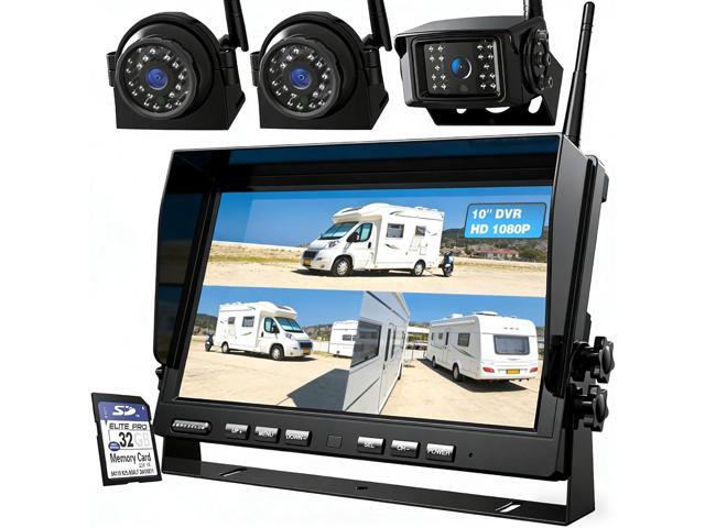 1080P Wireless Backup Camera System with 10 Inch DVR 3 Split Monitor, IP69 Waterproof Stable Signal Record Wireless 1 Rear and 2 Side View Cameras.