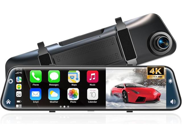 4K Rear View Mirror Camera with Carplay & Android Auto,12' Mirror Dash Cam Front and Rear with Voice Control for Cars & Trucks,Smart Touch Screen,64GB...