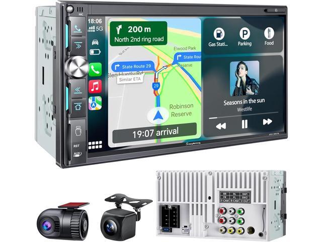 SJoyBring QLED Double Din Car Stereo with Dash Cam & Backup Camera, Wireless Apple CarPlay & Android Auto, Bluetooth, 4.2-Ch 2 Subwoofers Outputs,.
