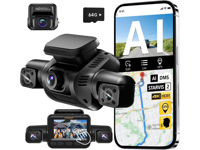 AI 4K Dash Cam Front and Rear Recording with Driver Monitoring System, STARVIS 2, 360° View 4 Channel Dashcam Free 64G Card, 5G Wi-Fi GPS, 3' Touch...