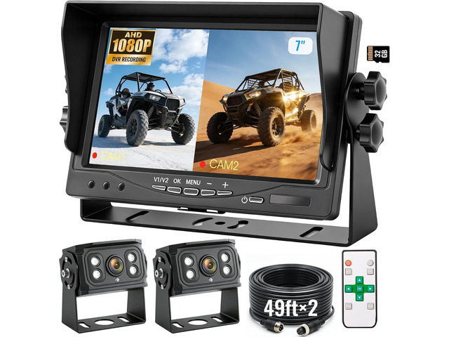 7' 2-Wired Backup Camera System, DVR Dual Screen Rear View Camera, IP69 Waterproof IR Night Vision, 20G Vibration-Proof for...