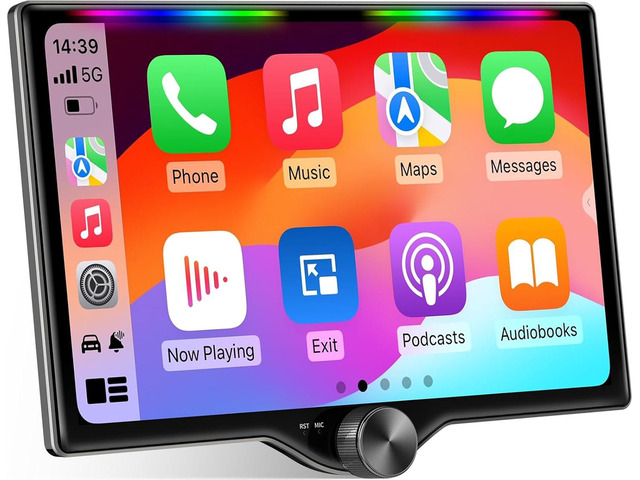 10.1' QLED Double Din Car Stereo with Wireless Carplay & Android Auto, Music Sync Luminous Bar, SWC, Bluetooth, Backup Camera, 240W, Dual Subwoofer...
