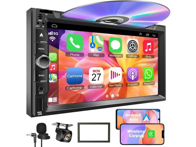 Double Din Car Stereo with CD/DVD Player, 7-Inch Touch Screen, Bluetooth 5.2, CarPlay/Android Auto, Backup Camera, USB/TF Card Slots, FM Radio, AUX...