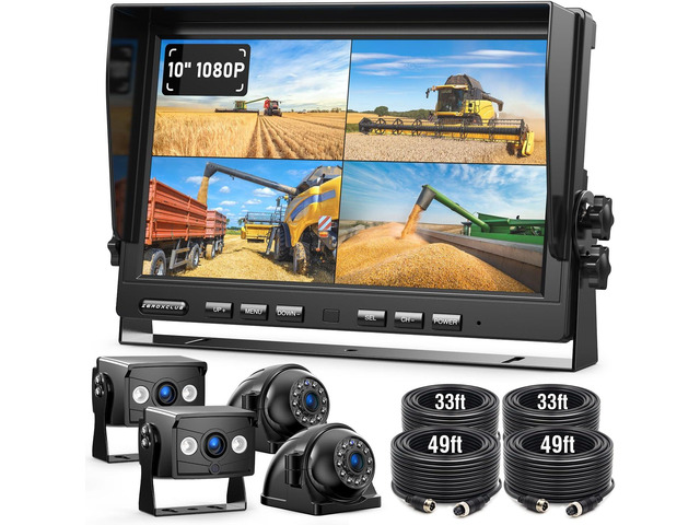 4 Wired Backup Camera System, 10' 1080P Monitor IP69K Waterproof Vibration-Proof 10G Rear Side View Camera, Quad Split Screen for Tractor, Truck,...