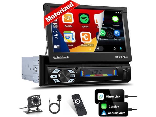 UNITOPSCI Single Din Touch Screen Car Stereo with Apple CarPlay Android Auto, 7 Inch Motorized Flip Out Bluetooth Car Radio FM AUX/USB/TF Card.
