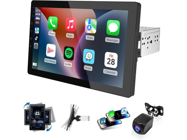 10.1 Inch Single Din Radio Car Stereo,Support Wireless CarPlay and Android Auto,360 Rotatable Screen with 1080P Rear Camera,Mirror...