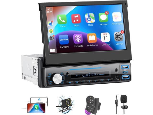 Single Din Car Stereo with Carplay Android Auto,7 Inch Flip-Out Touchscreen Car Radio with Bluetooth,Mirror Link,Backup Camera,Support FM Outputs...