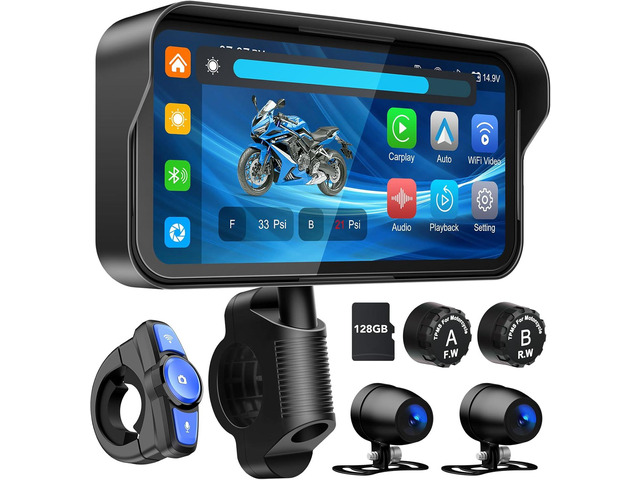 LBW 6.25' Carplay Screen for Motorcycle (Includes128G SD Card) with Dual 2K Dash Cam, TPMS, Wireless Android Auto, GPS Navigation, IP67 Waterproof,...