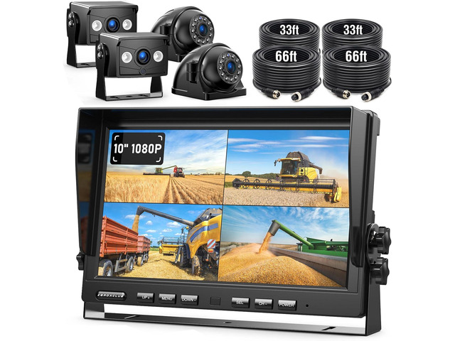 4 Wired Backup Camera System, 10' 1080P Monitor IP69K Waterproof Vibration-Proof 10G Rear Side View Camera, Quad Split Screen for Tractor, Truck,...