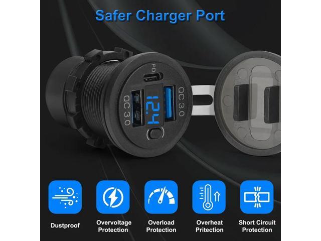 Dual QC3.0 18W& PD 30W USB C Quick Charging Port, Voltmeter Display Car Charger Socket 12V Waterproof For Marine Vehicle Bo