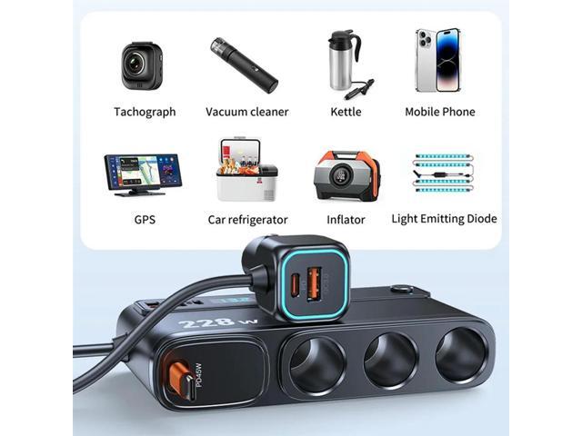 Telescopic Cable USB C Car Charger Adapter 228W Cigarette Lighter Splitter QC3.0 PD45W LED Voltage Display 12V/24V