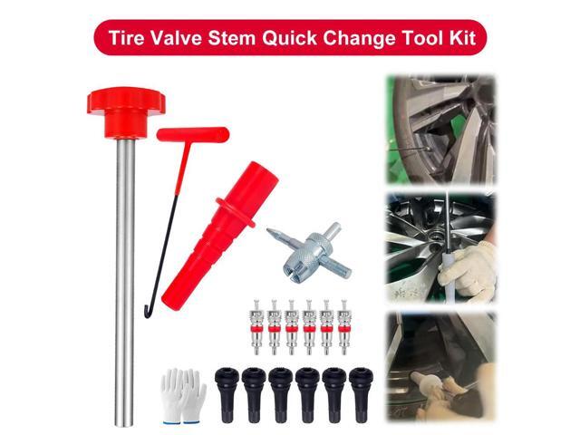 Tire Valve Core Quick Replacement Tool Kit with 6 TR413 Valve 4-Way Valve Tool for Replacing Leaky Valves in Cars ATVs Trucks