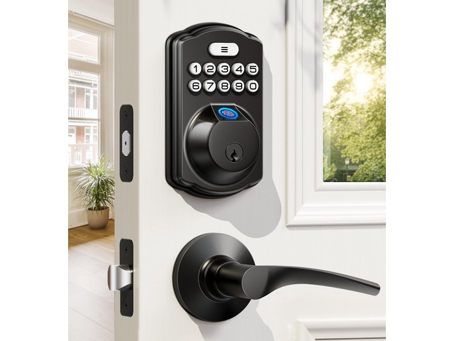 KS02B Fingerprint Door Lock with 2 Lever Handles, Matte Black Zinc Alloy Handle Set, Auto Lock, Anti-Peep Codes, 2 Keys, Keyless Entry Deadbolt,...