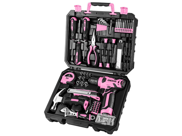 Drill Set, Home Tool Set with 8V Pink Cordless Drill, Hand Tool Kit for Women, 126 pcs