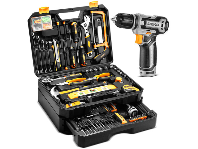 Tool Kit Box Drill Set Home Mechanic Toolbox with 12V Power Cordless Drill Hand Repair Tools Sets Combo Kits Storage Organizer Drawer Case for Men