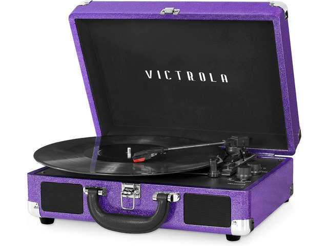 Journey - Bluetooth Suitcase Record Player - Purple Glitter Built-in stereo speakers, 3-speed turntable plays 7', 10' and 12' records, Bluetooth...