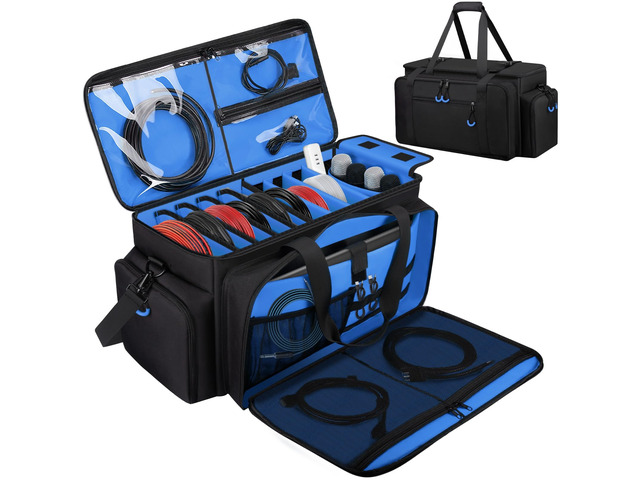Large Dj Cable Bag with Detachable Dividers, Bottom Pad Dj Bag for Equipment and Accessories with Laptop and Microphone Pocket, Dj Gig Bag for...
