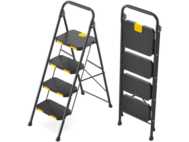 4 Step Ladder, Steel Step Stool with Safe-Lock, Load 800lbs, Black Sturdy Steel Step Stool Pass 800lbs Load Testing,Anti-Slip Wide Pedals,folding...