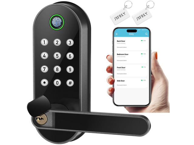 Fingerprint Smart Door Lock with Handle & Keypad Bluetooth Keyless Entry for Front Door, Home, Kids, Guests, Airbnb & Rental, App + Code Access,...