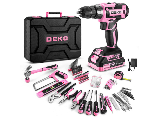 Pink Power Drill Tool Kit Set: 20V Cordless Electric Drill, Driver, Tool Box with Battery