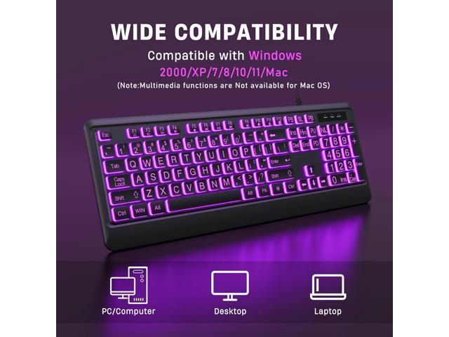 KOPJIPPOM Large Print Keyboard - 7 Interchangeable Backlight Colors, Light Up USB Wired Computer Keyboards, USB Plug-and-Play, Foldable Stands,...