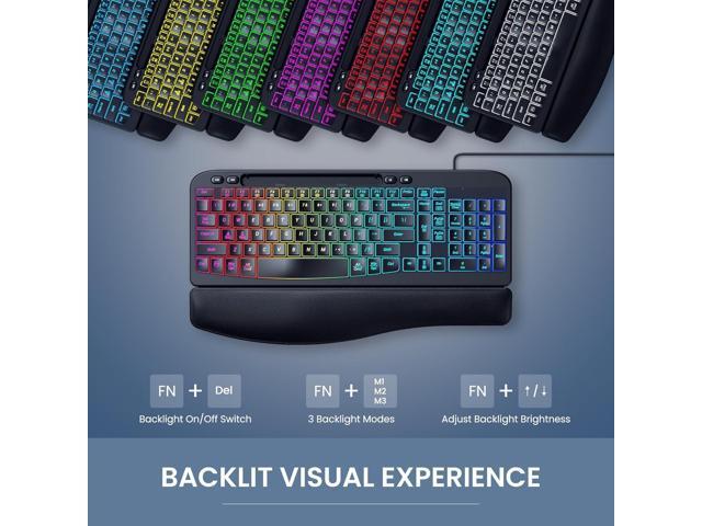 VEILZOR Wired Ergonomic Keyboard, 7-Color Backlit USB Computer Keyboard with Wrist Rest, Wave Keys, Phone Holder, Lighted Keyboard Compatible with...