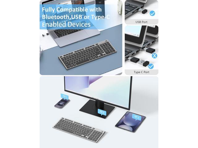 FENIFOX Wireless Keyboard, Bluetooth & 2.4G USB & USB-C Rechargeable Silent Ultra Quiet Low Profile Compact Full Size with Number Pad Soft Multi...