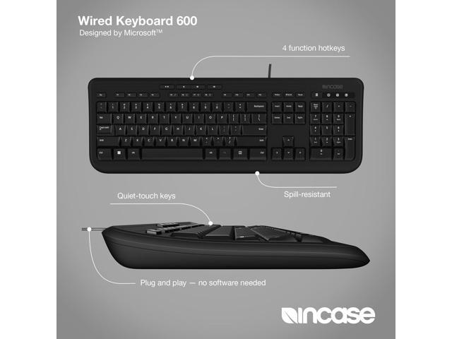 Incase Wired Keyboard 600 Designed by Microsoft Spill Resistant, Quiet Touch Keys, Plug and Play, 4 Hotkeys, Windows Start Key Black