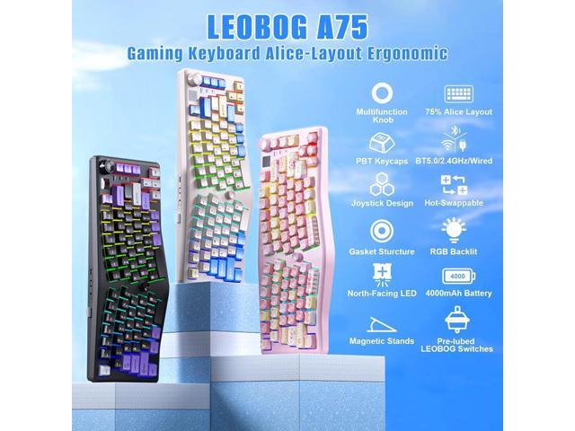 LEOBOG A75 Alice Keyboard, Tri-Mode Ergonomic Gaming Keyboard with RGB Backlit Functional Knob Joystick, 75% Layout Hot-Swap Gasket Custom...