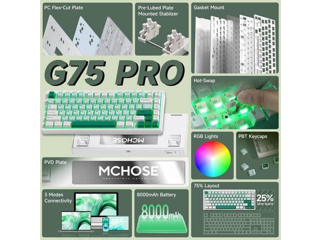 MCHOSE G75 PRO 75% Wireless Mechanical Keyboard, TKL Keyboards Tri-Mode BT5.0/2.4GHz/USB-C, Hot Swap Custom Creamy Keyboards Linear Switch, Double...