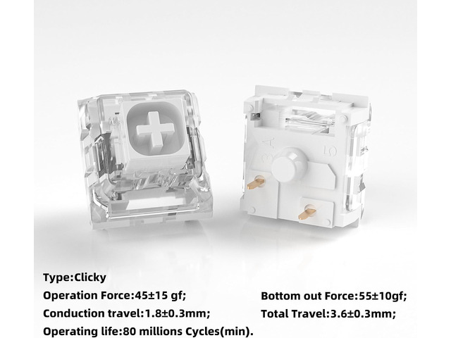 Kailh Box White Mechanical Keyboard Switches,3-Pin 45gf Clicky/Speed Typing/Gaming/Waterproof Switches(90Pcs,Kailh Box White)