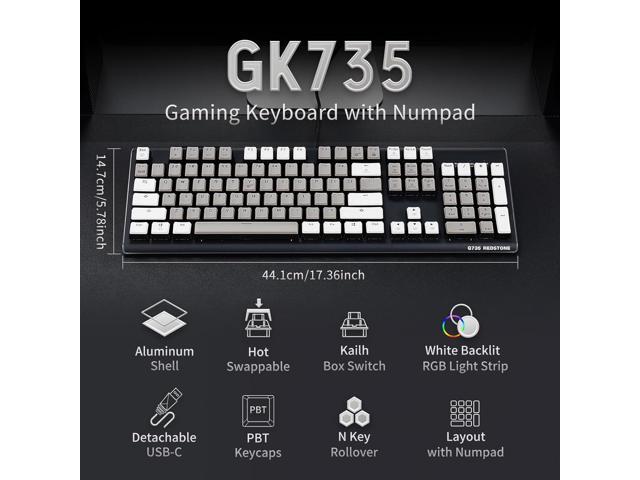 Hexgears GK735 Wired Full Size Mechanical Keyboard, Aluminum Housing Built for Gamers w/Kailh Box White Switch, White Backlit + Surrounded by RGB...