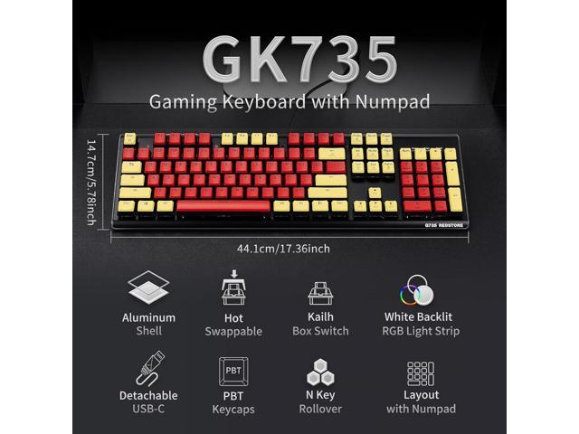 Hexgears GK735 Wired Mechanical Gaming Keyboard, Hot-Swappable Full-Size Keyboard with White Backlit + Surround Side Light Strip, Aluminum Finish,...