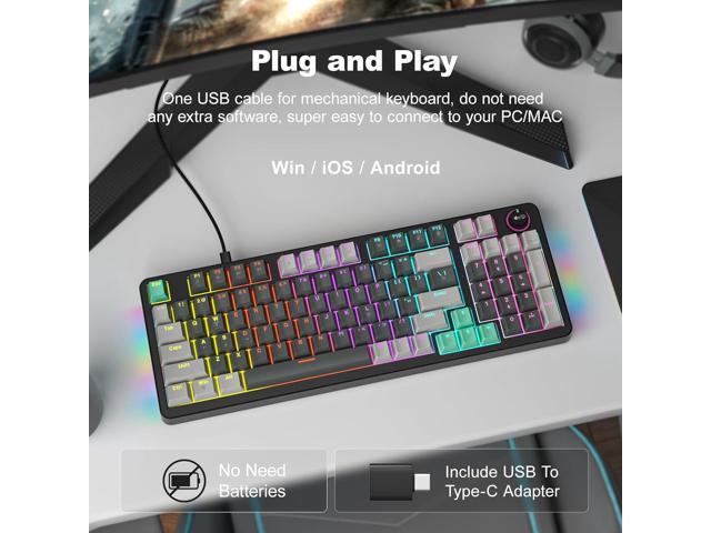 GEEZER Mechanical Gaming Keyboard with LED Backlit, Blue Switch, Volume Knob, 96 Keys Full Size Compact USB Wired Computer Keyboards for Office...