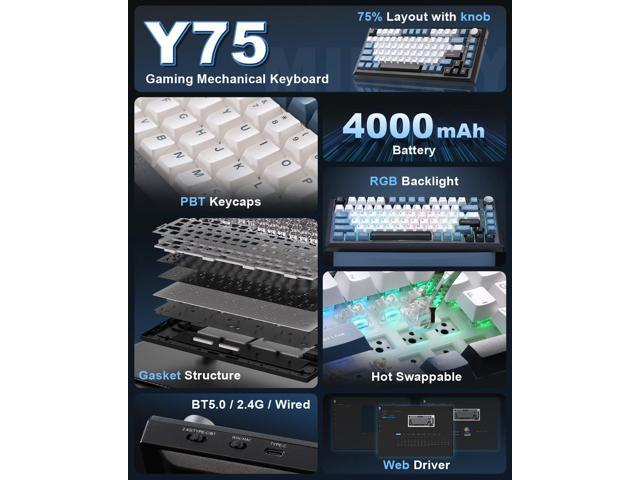 Y75 Gasket Wireless Mechanical Keyboard,75% Hot-Swappable with Knob, Tri-Mode,Creamy Pre-lubed Milk Linear Switches & Doubleshot PBT Keycaps, RGB,...