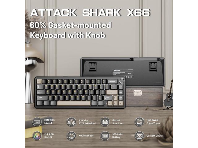 ATTACK SHARK X66 60% Wireless Mechanical Gaming Keyboard with Volume Knob, Gasket Hot Swappable Custom Keyboard, PBT Keycaps, Tri-Mode...