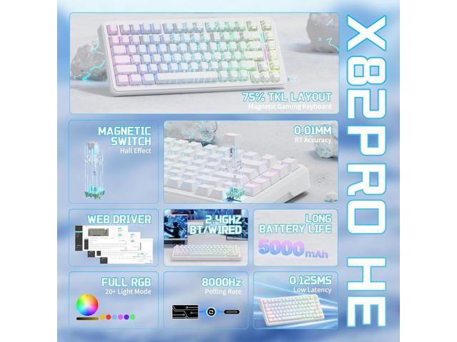 ATTACK SHARK X82 PRO HE Wireless Rapid Trigger RGB Mechanical Gaming Keyboard with Adjustable Actuation,2.4G/Wired/BT,8K Polling Rate,Hall Effect...